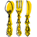 Spoon, fork, and knife in Trader Joe's signature Victorian-vintage style, with a modern twist.