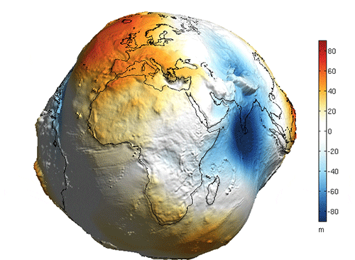 An animation of the Earth's geoid (greatly exaggerated in shape) spinning.
