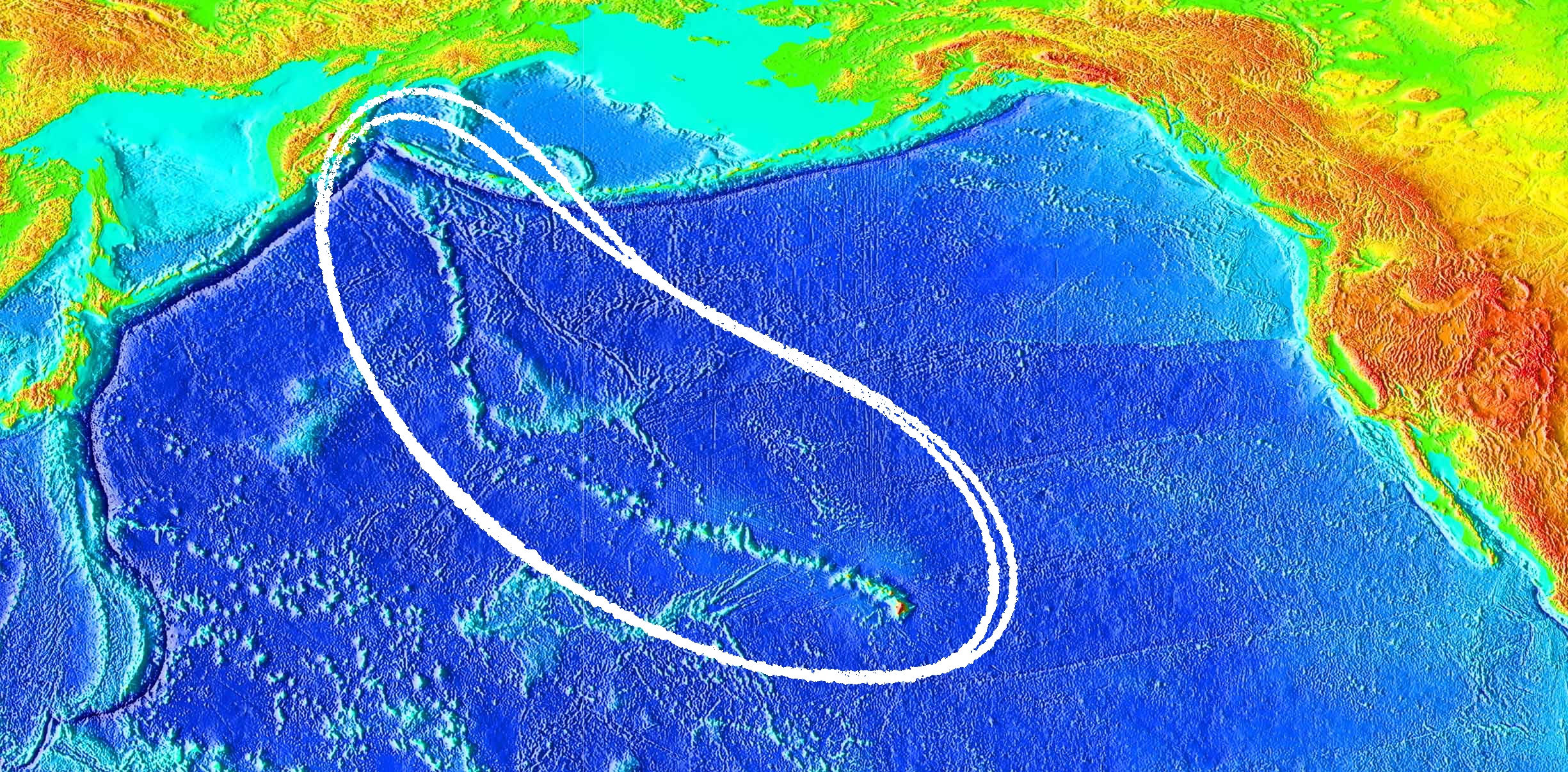 Raised-relief map of the Pacific basin, showing seamounts and islands trailing the Hawai’i hotspot in a long line terminating near the Kamchatka Peninsula in Russia.