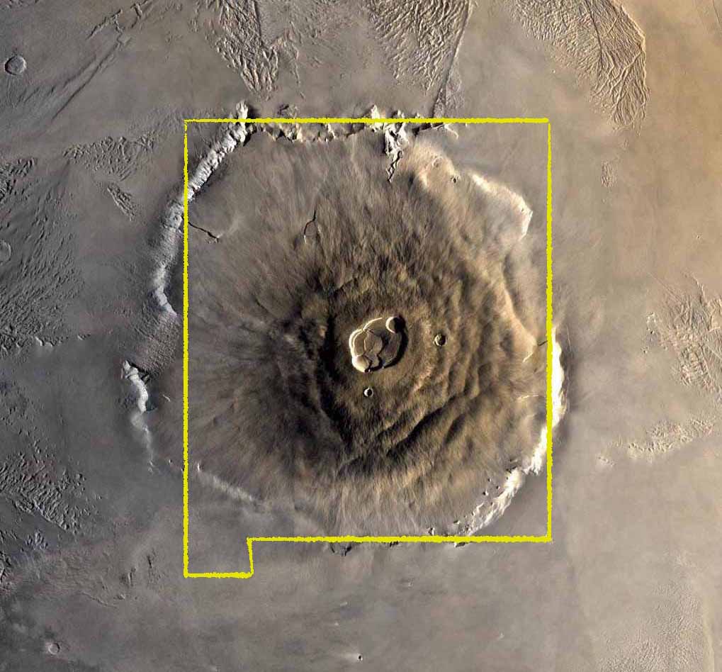 A photo of Olympus Mons evidencing its enormity relative to the size of the state of New Mexico.