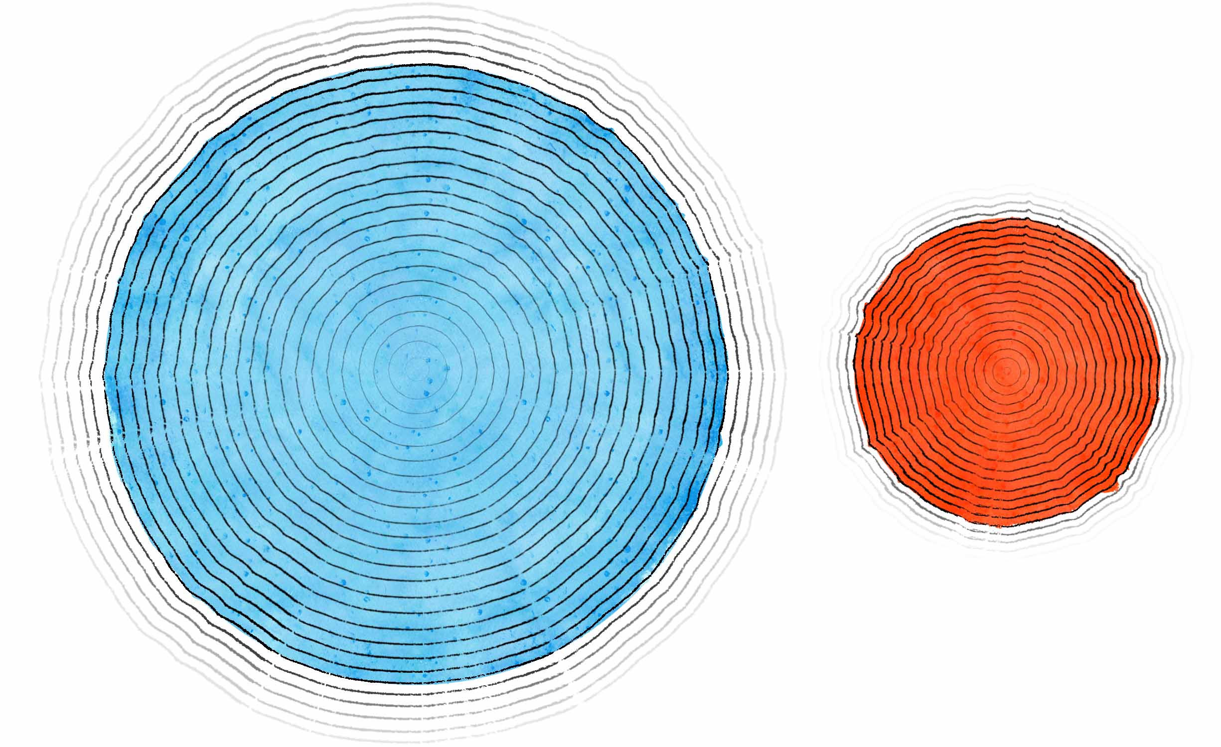 Earth and Mars ringed by concentric wobbly circles, indicating geopotential lines of decreasing strength as they move outward.