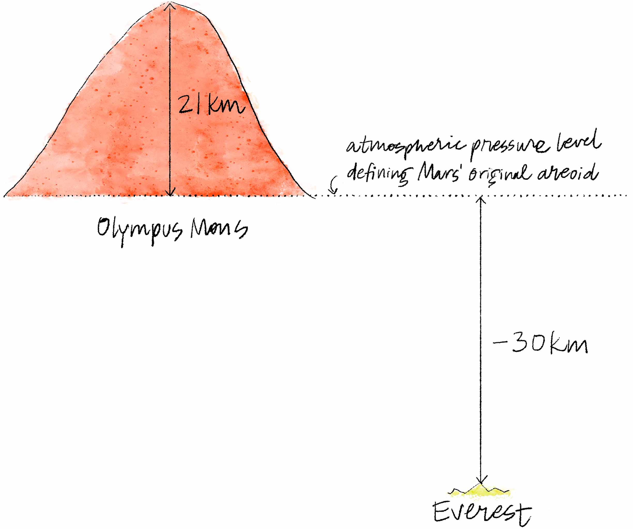 A sketch wherein Olympus Mons perches upon a line representing the Martian areoid's base, and extending 21 kilometers above it. Everest's peak is drawn a scaled distance of 30 kilometers below the line.