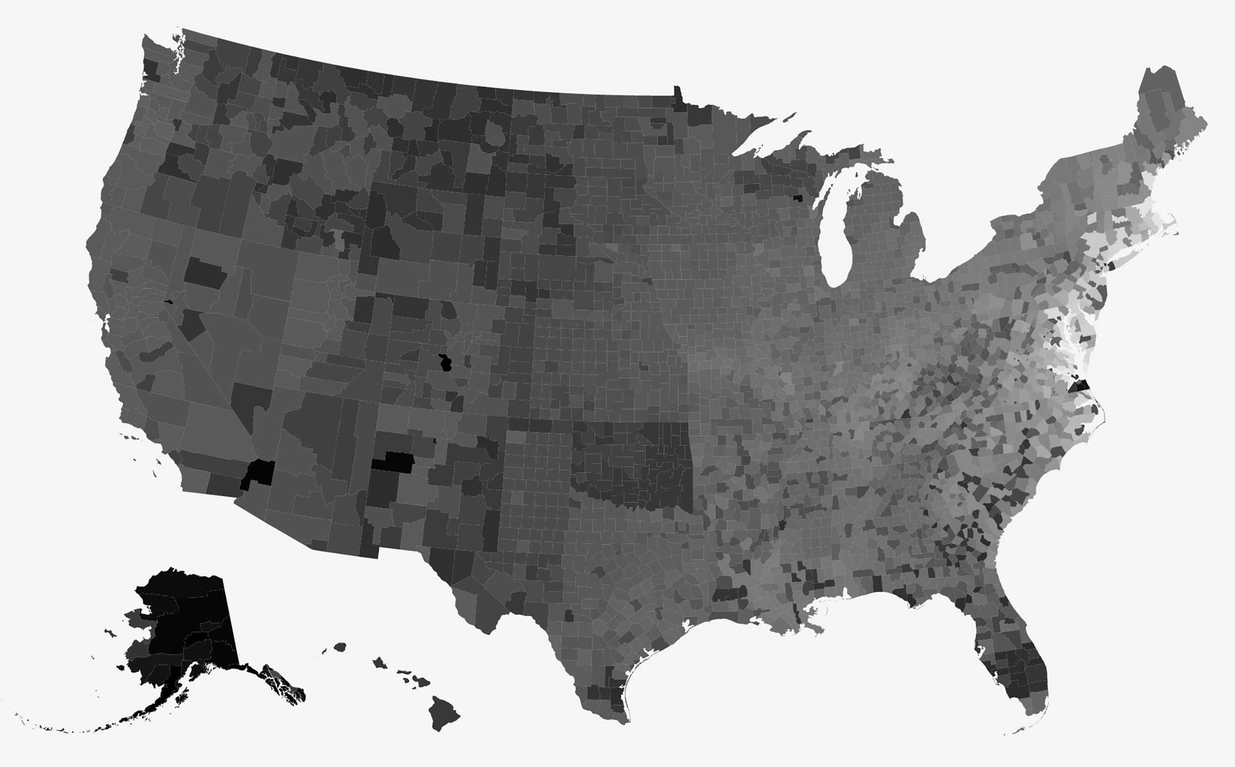 A greyscale choropleth wherein saturation is mapped to county age.