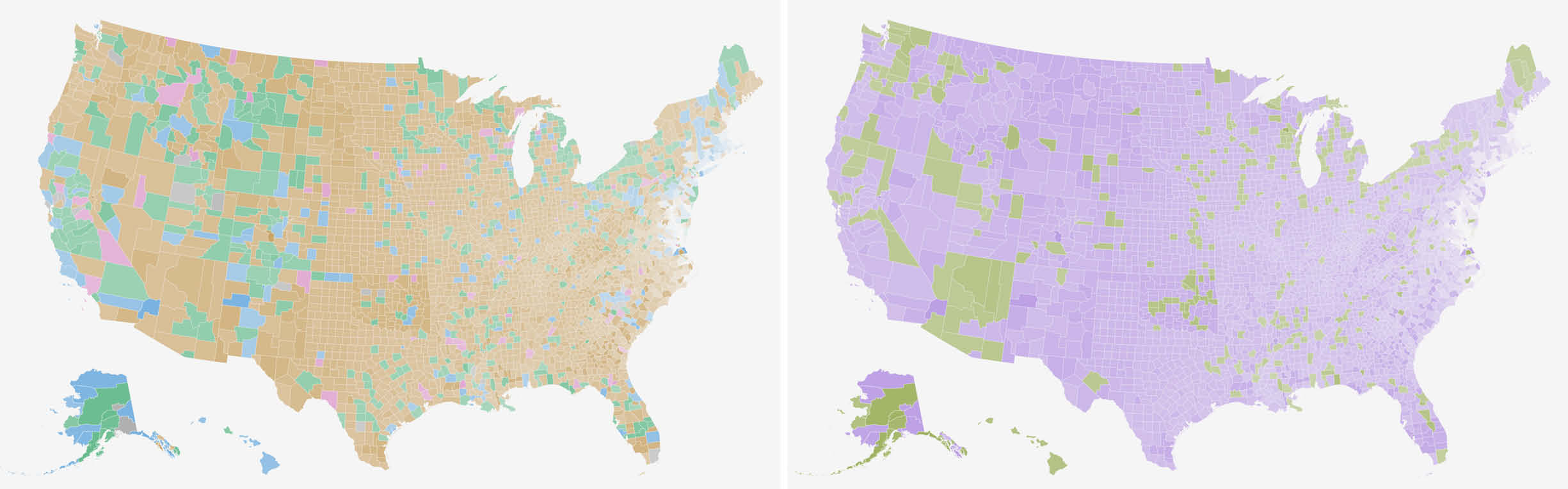 Two choropleths wherein each county is colored either by its name’s high-level language family or its name’s category, the saturation level of which are mapped to the counties ages.