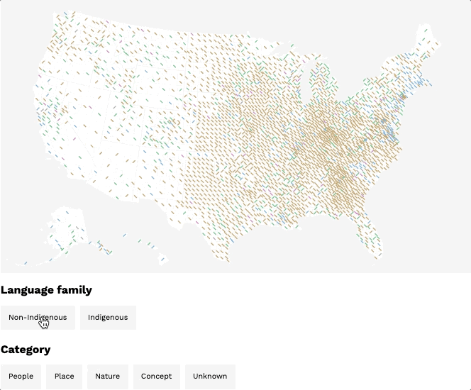 A map I built with D3, wherein symbol orientation is mapped to each county’s high-level language family and color is mapped to each county’s name category. There are also filters turned on to indicate all counties that have a name in an Indigenous language and are named for something nature-related.