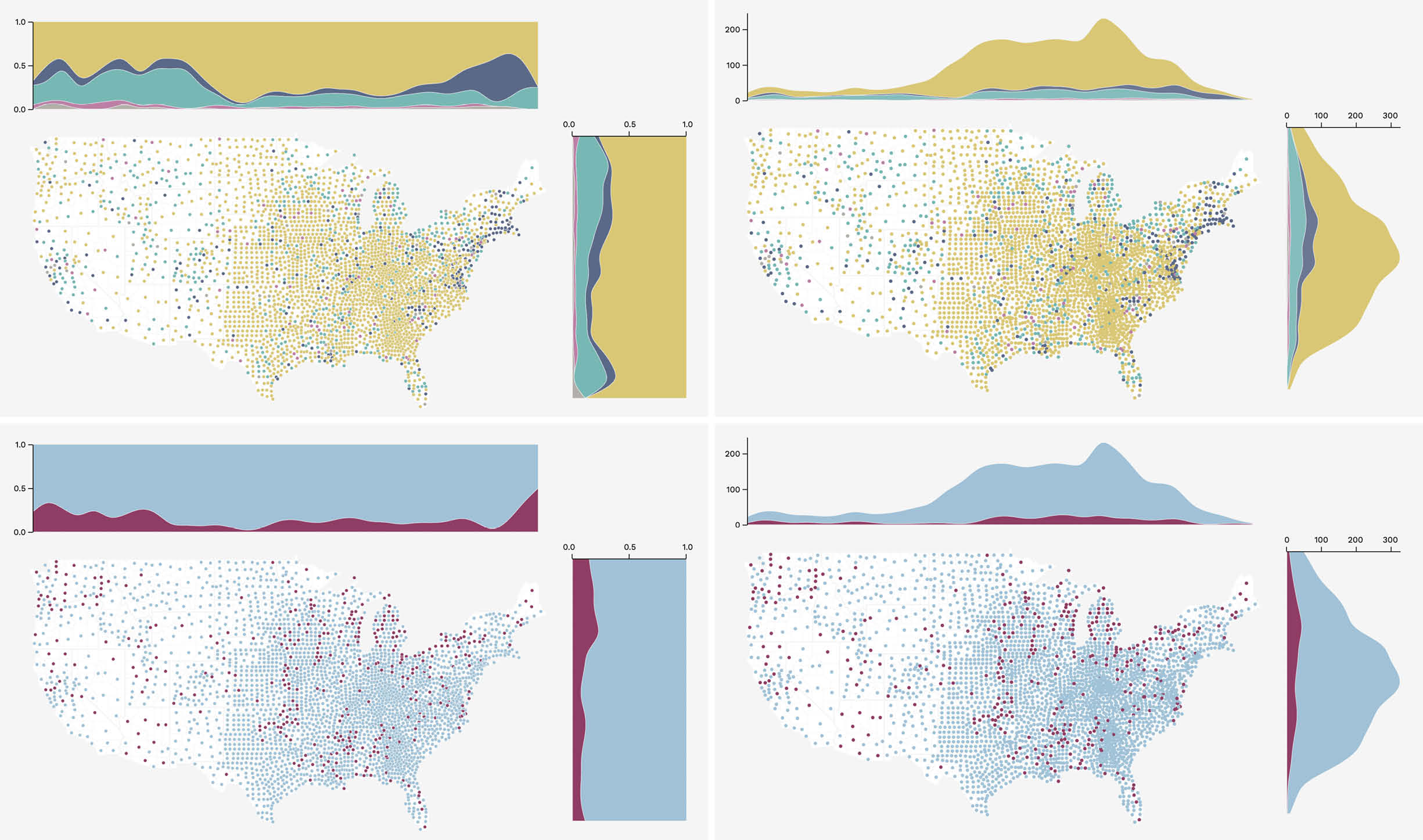 Four of the same geomap layouts slicing the dataset differently.