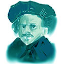 A remake of a Rembrandt self-portrait, in teal.
